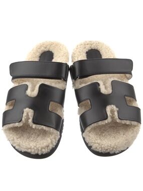 Hermès Chypre Leather Shearling Leather Slides